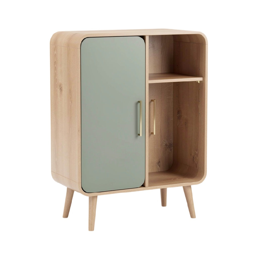 **Meuble de rangement en bois avec porte et étagère ouverte**