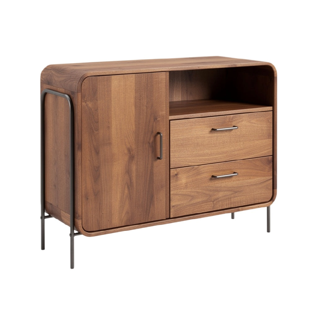 **Meuble de rangement en bois avec tiroirs et espace ouvert**
