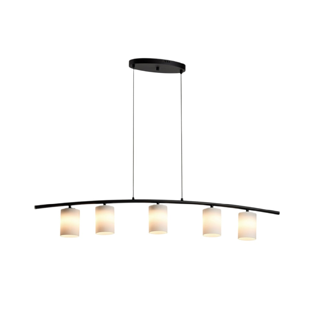 **Suspension design moderne à cinq lampes avec abats-jours en verre blanc**