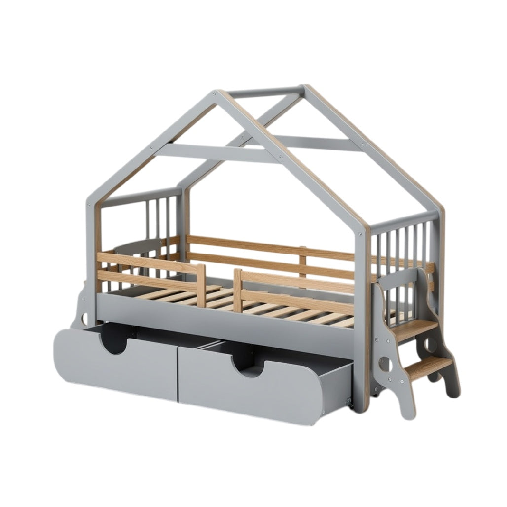 **Lit enfant en bois avec rangement intégré et structure en forme de maison**